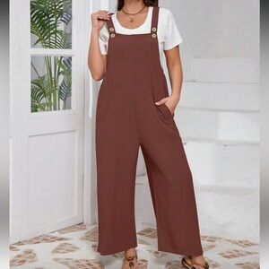 Casual Wide-Leg Brown Linen-Blend Overalls Jumpsuit